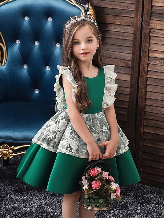 Cap Sleeve Jewel Neck Ball Gown Dress with Bow and Color Block for Flower Girls