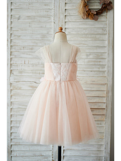 Cap Sleeve Sweetheart Ball Gown Knee Length Flower Girl Dress With Pearls and Tulle