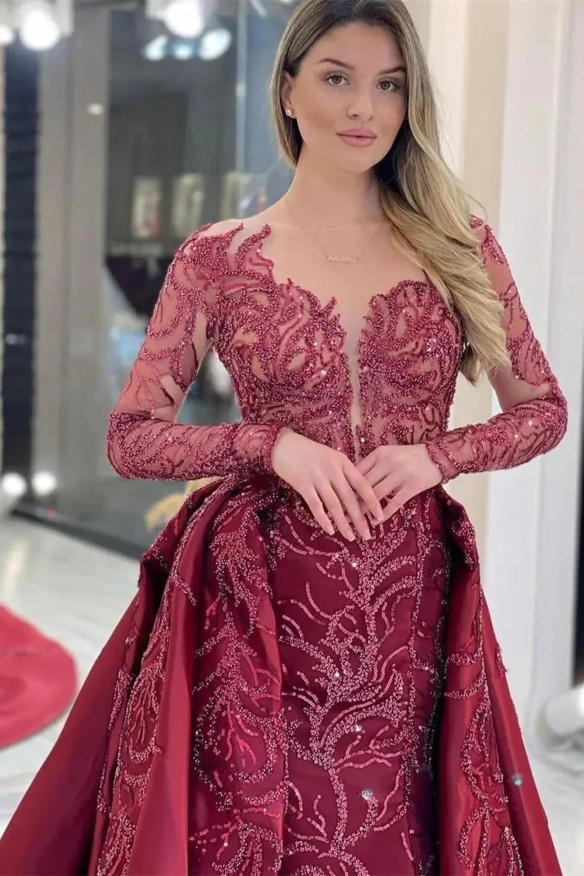 Charming Burgundy Long Sleeves Overskirt Evening Dress Mermaid With Beads