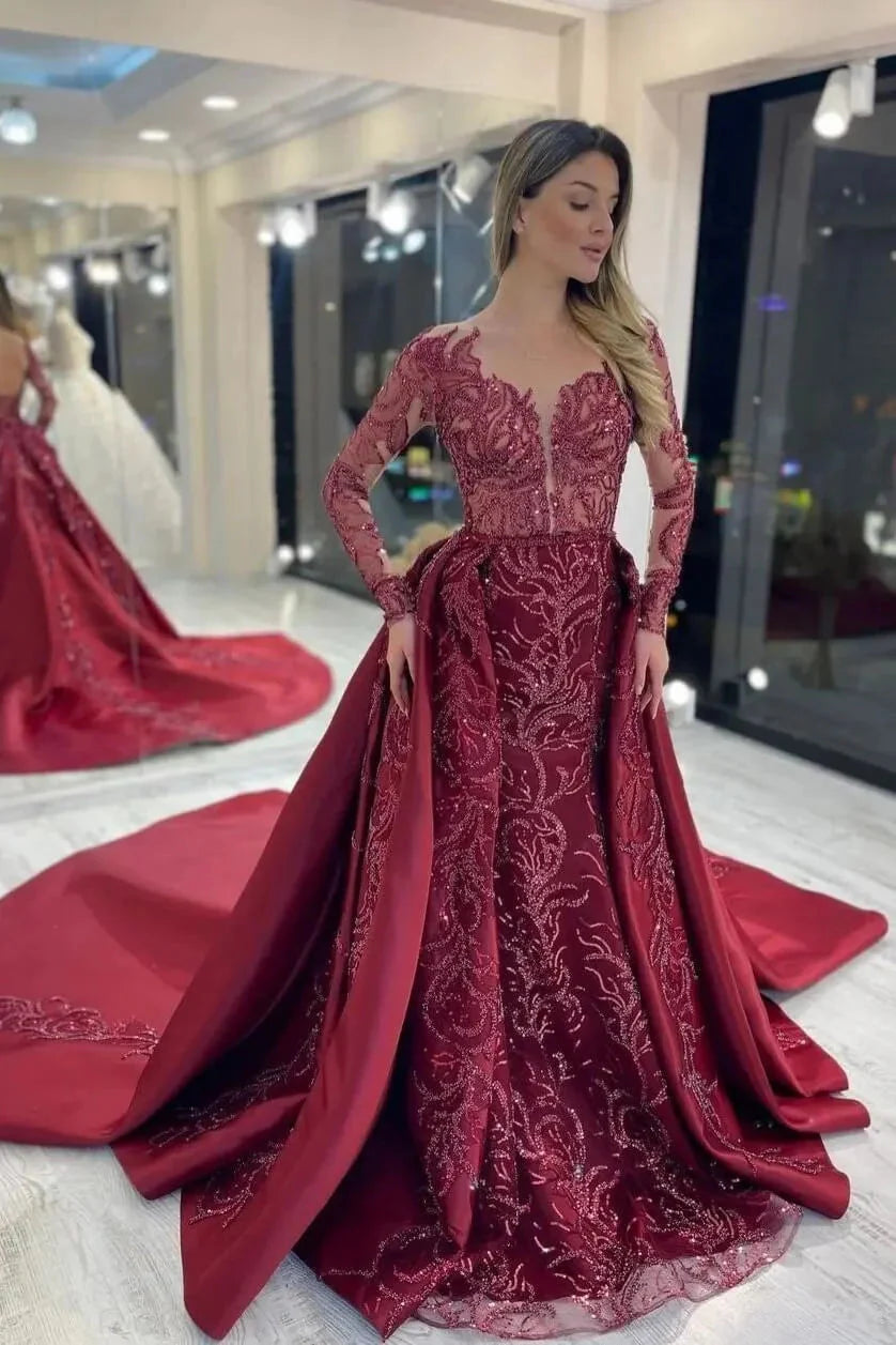 Charming Burgundy Long Sleeves Overskirt Evening Dress Mermaid With Beads