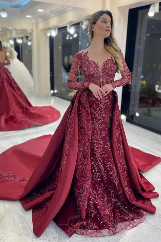 Charming Burgundy Long Sleeves Overskirt Evening Dress Mermaid With Beads