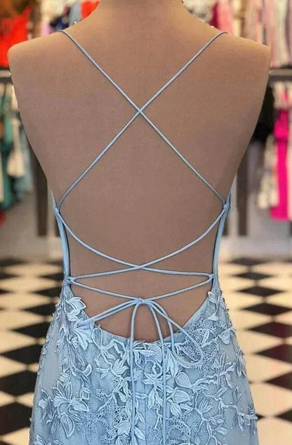 Charming Spaghetti-Straps Appliques Mermaid Long Evening Dress