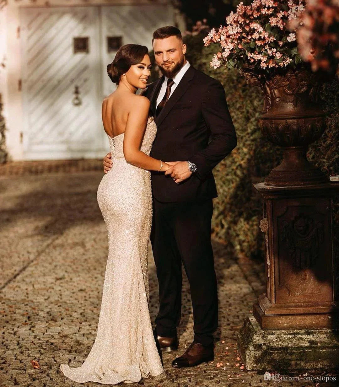 Charming Strapsless Long Mermaid Sequins Evening Dress With Slit