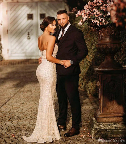 Charming Strapsless Long Mermaid Sequins Evening Dress With Slit
