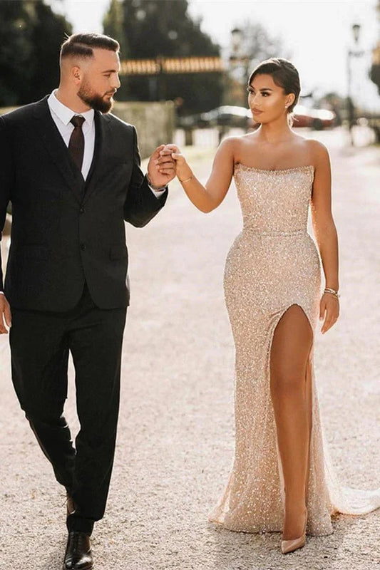 Charming Strapsless Long Mermaid Sequins Evening Dress With Slit