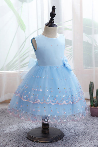 Chic Bow Scoop Sleeveless Tulle Flower Girl Dress Ball Gown for Weddings
