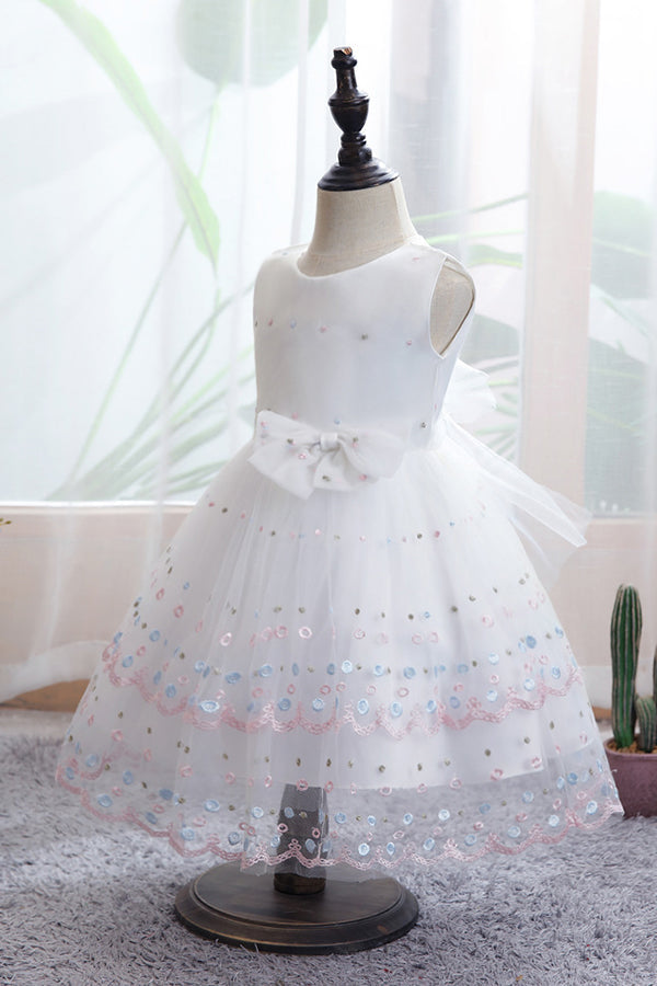 Chic Bow Scoop Sleeveless Tulle Flower Girl Dress Ball Gown for Weddings