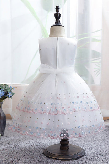 Chic Bow Scoop Sleeveless Tulle Flower Girl Dress Ball Gown for Weddings