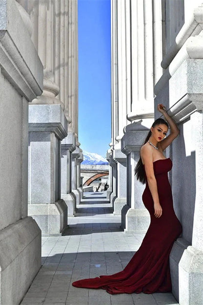 Chic Burgundy Strapless Mermaid Long Evening Prom Dress Online