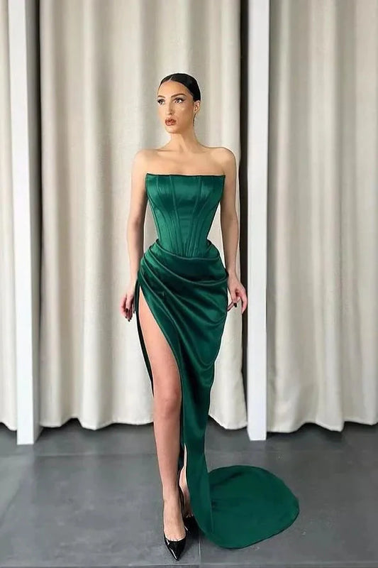 Chic Dark green Strapless Mermaid Evening Dress Long With Slit