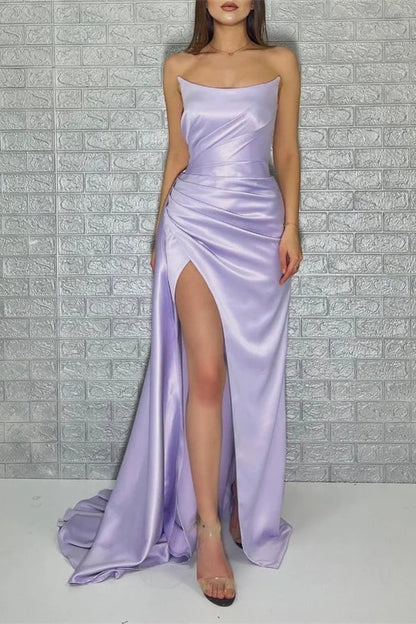 Chic Light Lilac Strapless Mermaid Evening Dresses Pleats Long Split With Ruffle