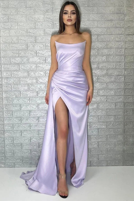 Chic Light Lilac Strapless Mermaid Evening Dresses Pleats Long Split With Ruffle