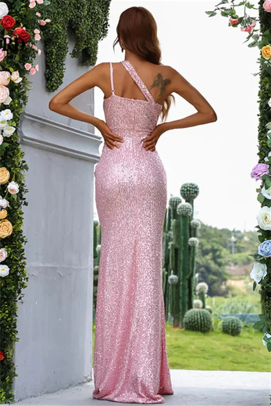 Chic Pink One Shoulder Mermaid Evening Dress Sequins Slit