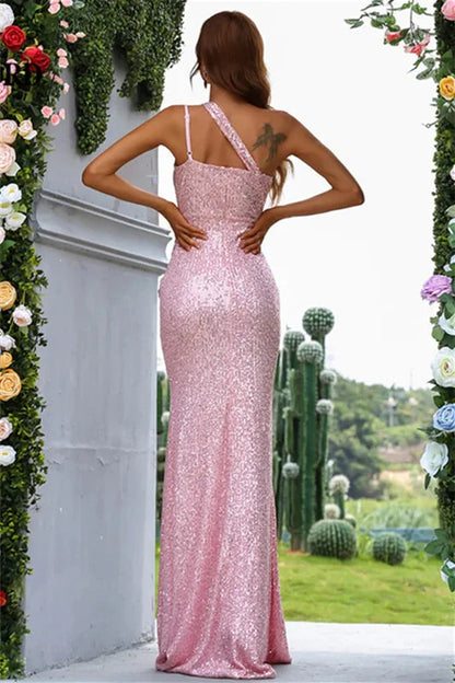 Chic Pink One Shoulder Mermaid Evening Dress Sequins Slit