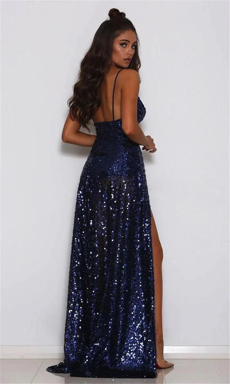 Chic V-Neck Sequins Long Prom Dress Split Evening Gowns