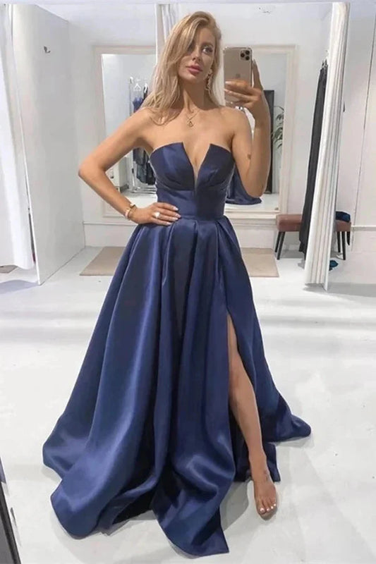 Chic V-Neck Sleeveless Navy Blue Evening Dress With Slit