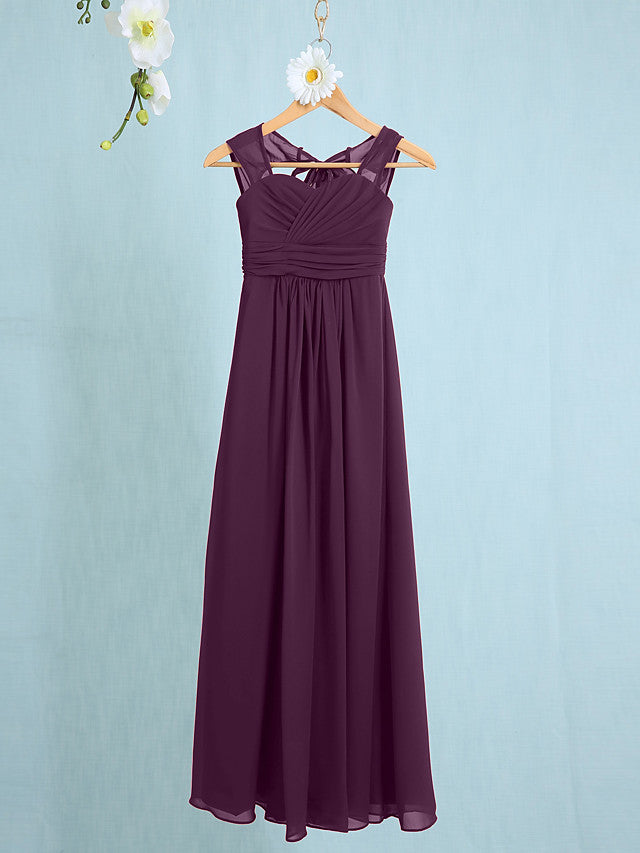 Chiffon Junior Flower Girl Dress with Sheath Column Straps and Ruched Natural Ankle Length