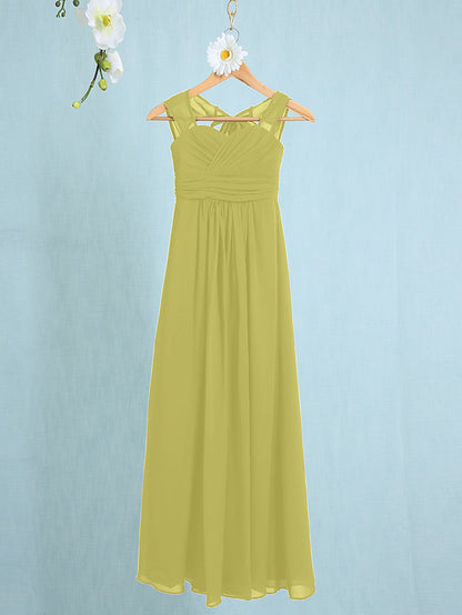 Chiffon Junior Flower Girl Dress with Sheath Column Straps and Ruched Natural Ankle Length