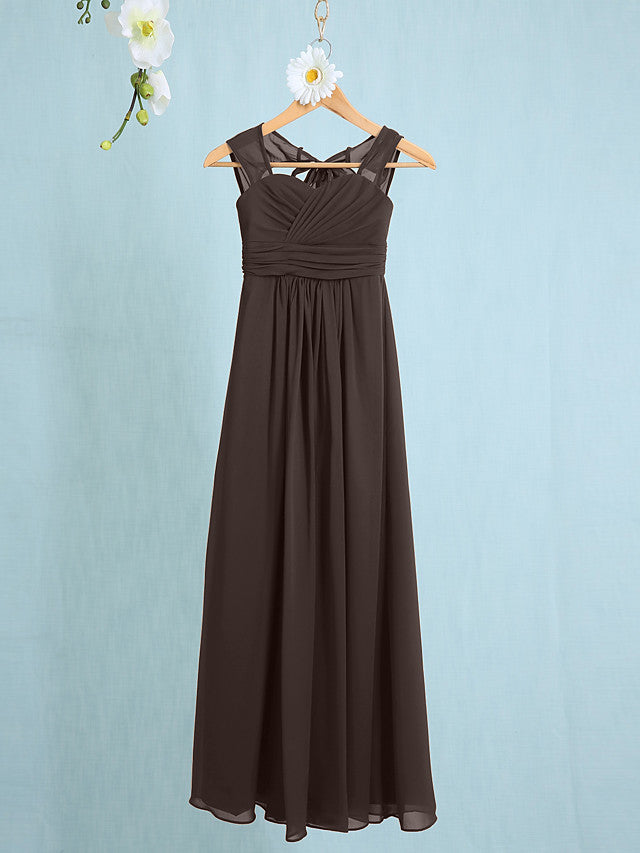 Chiffon Junior Flower Girl Dress with Sheath Column Straps and Ruched Natural Ankle Length