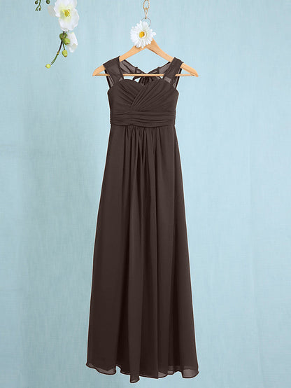 Chiffon Junior Flower Girl Dress with Sheath Column Straps and Ruched Natural Ankle Length