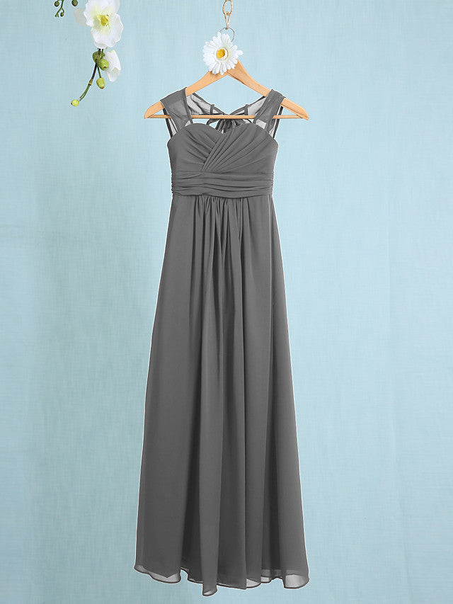 Chiffon Junior Flower Girl Dress with Sheath Column Straps and Ruched Natural Ankle Length