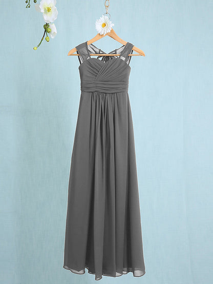 Chiffon Junior Flower Girl Dress with Sheath Column Straps and Ruched Natural Ankle Length