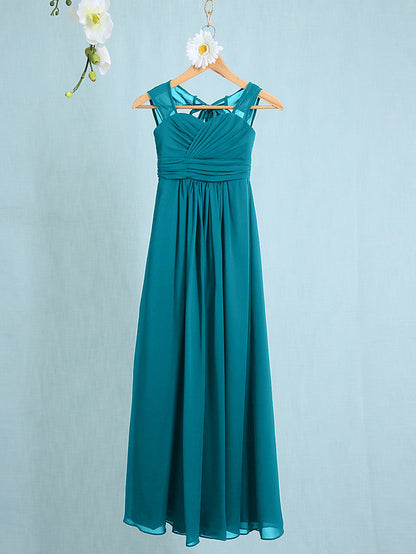 Chiffon Junior Flower Girl Dress with Sheath Column Straps and Ruched Natural Ankle Length
