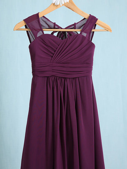 Chiffon Junior Flower Girl Dress with Sheath Column Straps and Ruched Natural Ankle Length