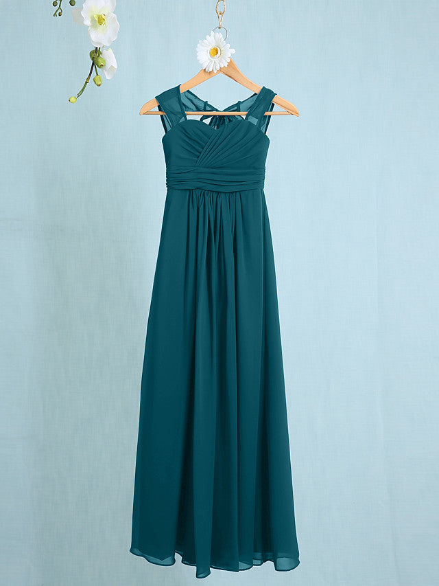 Chiffon Junior Flower Girl Dress with Sheath Column Straps and Ruched Natural Ankle Length