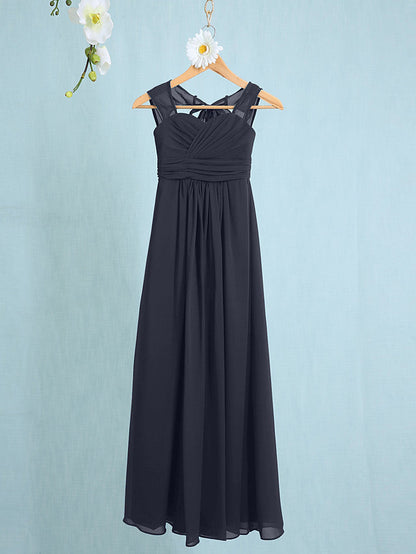 Chiffon Junior Flower Girl Dress with Sheath Column Straps and Ruched Natural Ankle Length