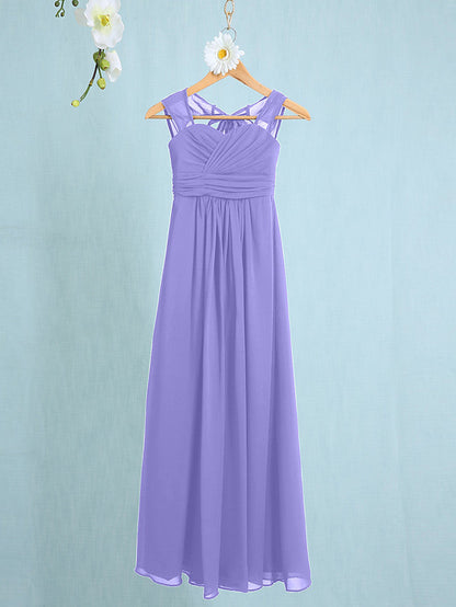 Chiffon Junior Flower Girl Dress with Sheath Column Straps and Ruched Natural Ankle Length