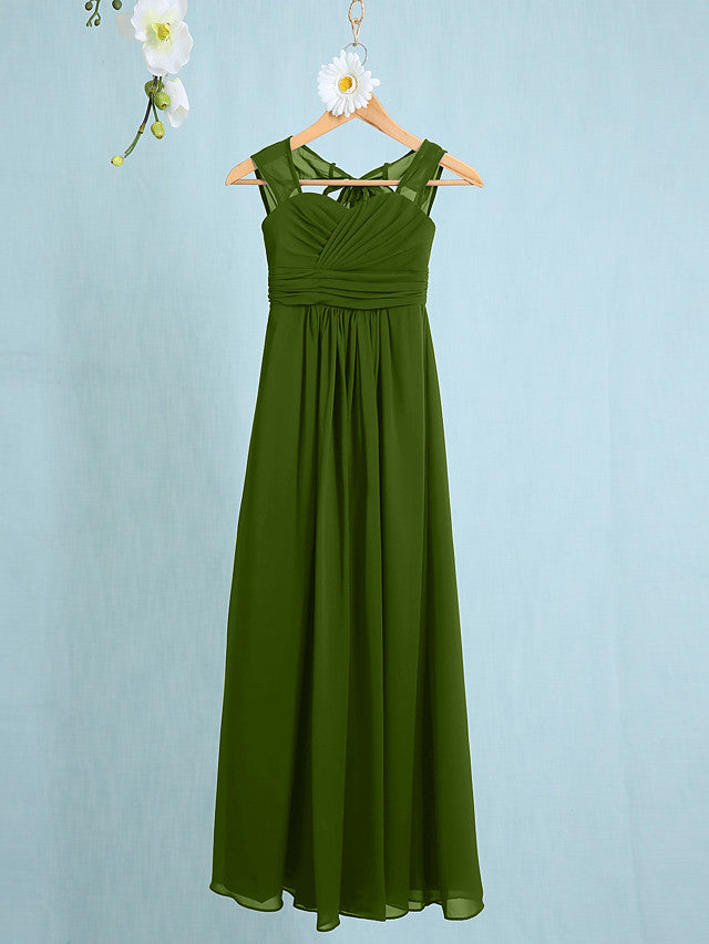 Chiffon Junior Flower Girl Dress with Sheath Column Straps and Ruched Natural Ankle Length