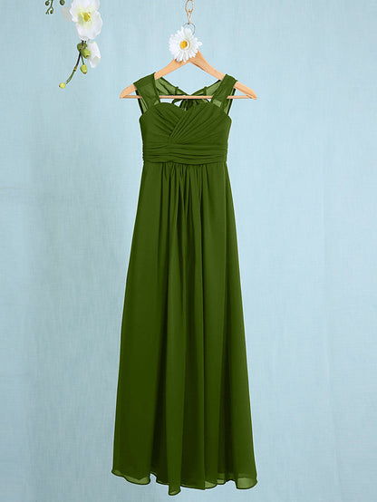Chiffon Junior Flower Girl Dress with Sheath Column Straps and Ruched Natural Ankle Length