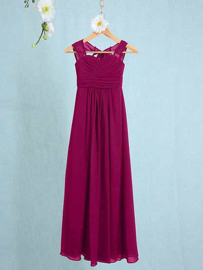 Chiffon Junior Flower Girl Dress with Sheath Column Straps and Ruched Natural Ankle Length