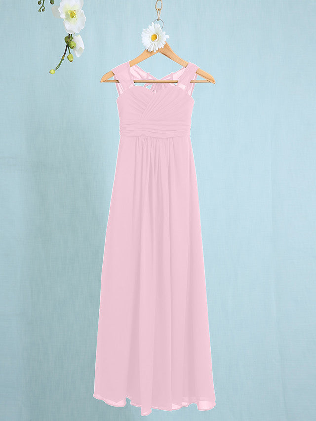Chiffon Junior Flower Girl Dress with Sheath Column Straps and Ruched Natural Ankle Length
