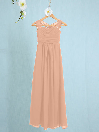 Chiffon Junior Flower Girl Dress with Sheath Column Straps and Ruched Natural Ankle Length