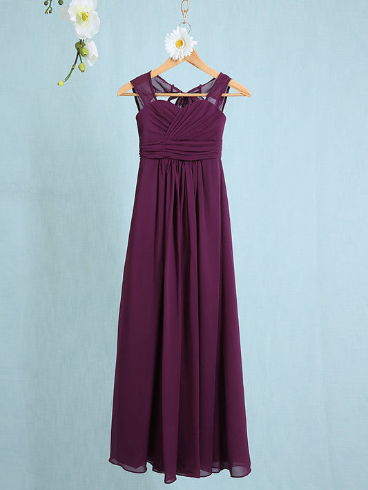 Chiffon Junior Flower Girl Dress with Sheath Column Straps and Ruched Natural Ankle Length