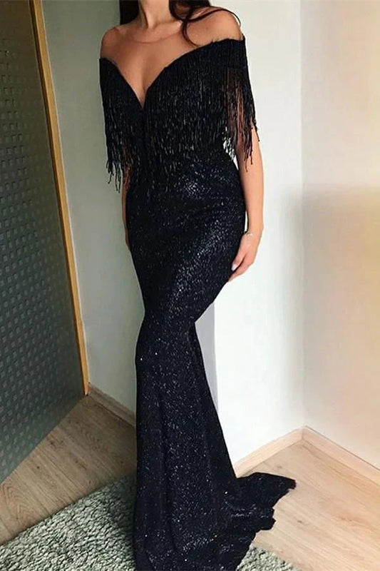 Classic Black Mermaid Sequined Evening Gowns With Tassels