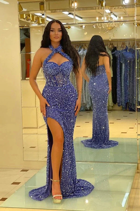 Classic Blue Halter Sequins Mermaid Evening Dress Long With Split Online