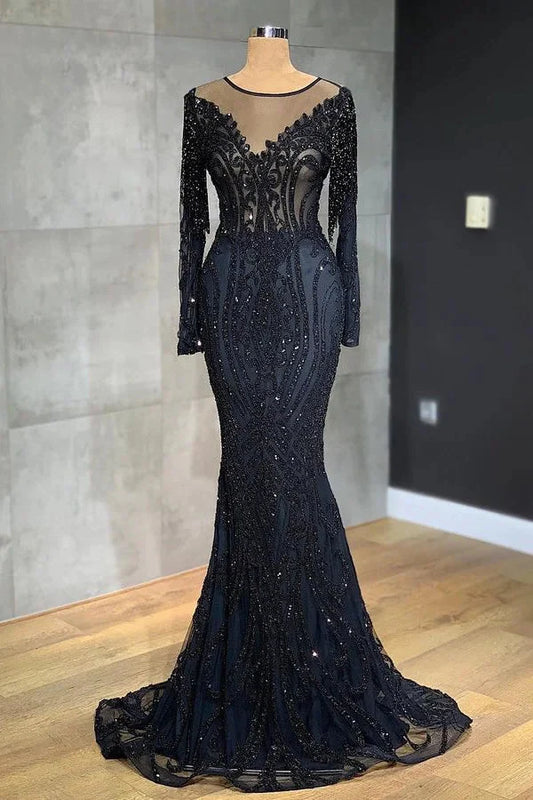 Classic Dark Navy Long Sleeves Mermaid Evening Dress Scoop With Sequins Beads