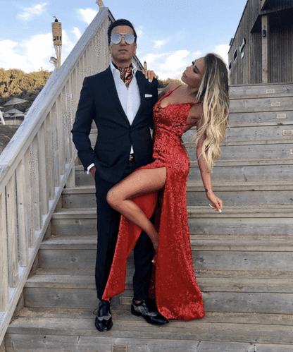 Classic Red Sequined Slit Long Evening Dress Evening Party Gowns Backless