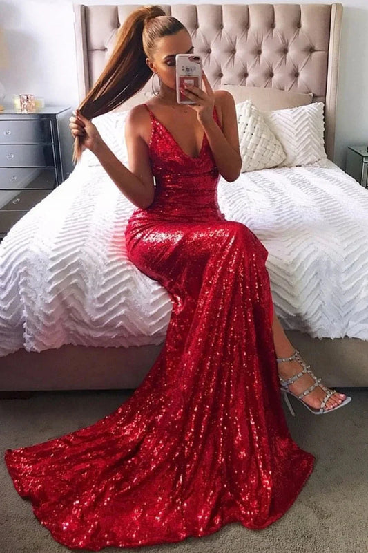 Classic Red Sequined Slit Long Evening Dress Evening Party Gowns Backless