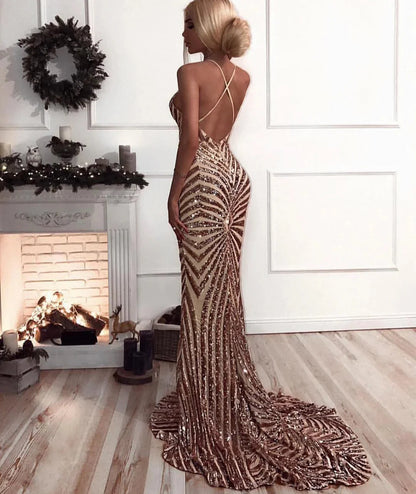 Classic V-Neck Spaghetti-Straps Sequined Mermaid Evening Dress Long