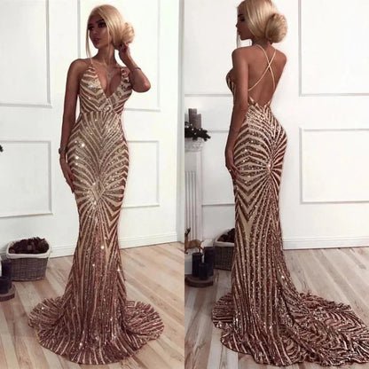 Classic V-Neck Spaghetti-Straps Sequined Mermaid Evening Dress Long