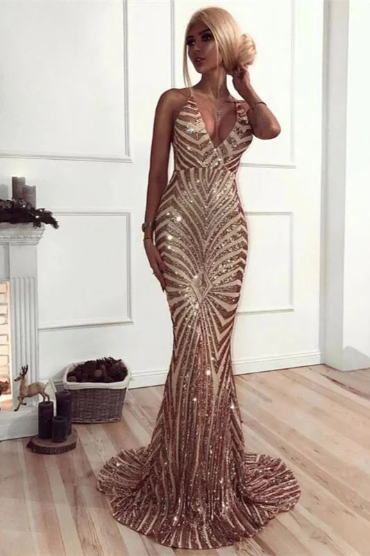 Classic V-Neck Spaghetti-Straps Sequined Mermaid Evening Dress Long
