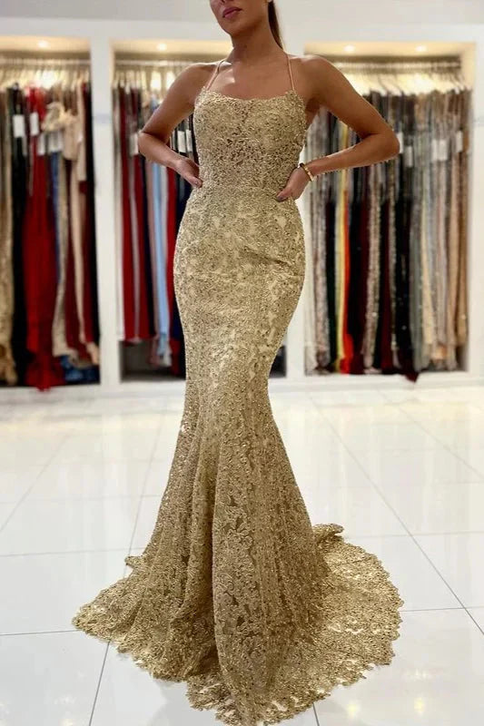 ClassicGold Appliques Lace Mermaid Evening Dress Long Spaghetti-Straps