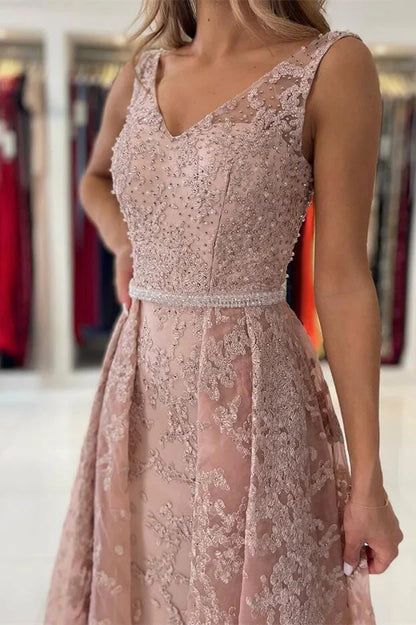 Classy Dusty Pink V-Neck Evening Dress Sleeveless Lace Appliques Overskirt