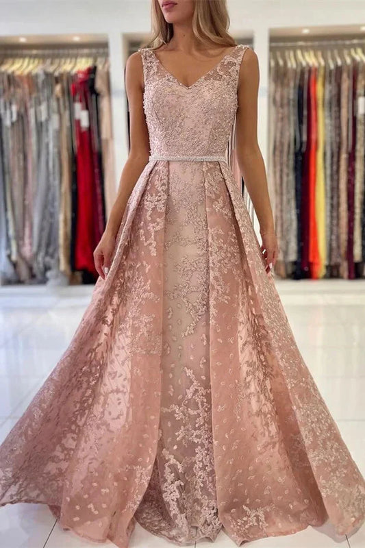 Classy Dusty Pink V-Neck Evening Dress Sleeveless Lace Appliques Overskirt