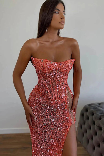 Classy Strapless Sequins Mermaid Evening Dress Long Split Online