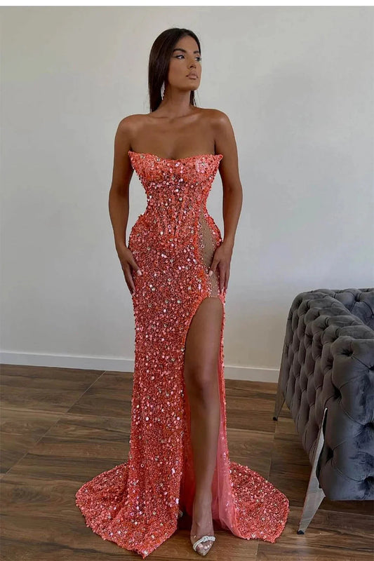 Classy Strapless Sequins Mermaid Evening Dress Long Split Online